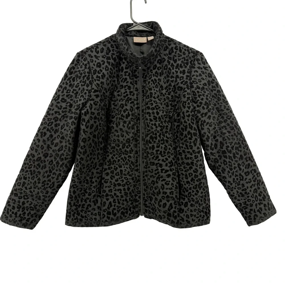 Chicos Women's Leopard Print Black Velvet Quilted Zip Front‎ Jacket Size 1 (M)